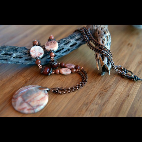 NEW Handmade - Necklace of Red Vein Marble, Carnelian and Goldstone Beads - Picture 4 of 8